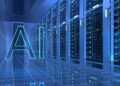 Gambaran ini menunjukkan teks neon bercahaya bertuliskan AI yang melayang di dalam ruang server pusat data modern yang penuh terisi, dengan deretan rak server berkapasitas tinggi berjajar di kedua sisi lantai ubin reflektif, menciptakan suasana komputasi kecerdasan buatan yang futuristik dan berteknologi tinggi.